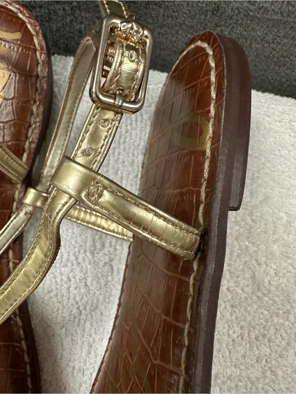 Sam Edelman Gold T-Strap Sandals with Brown Croc Footbed - Picture 2 of 6
